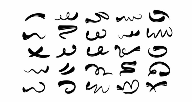Chinese brush strokes swirl, line curve, calligraphy paint spiral elements. Hand drawn chinese ink brush paint stroke swish, swoosh wave doodles. Grunge texture abstract line. Vector illustration