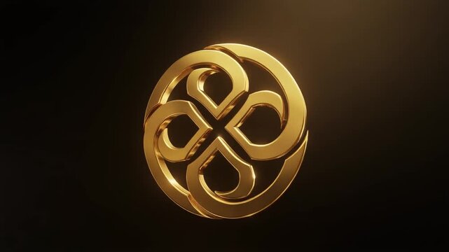 Luxury Golden 3D Circular Emblem Rotating on Dark Background.