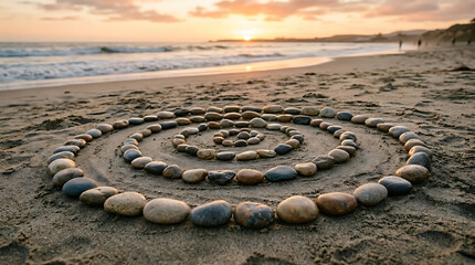Obraz premium Intricate spiral rock art formation on a sandy beach at sunset