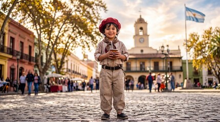 Obraz premium Boy dressed in traditional gaucho costume standing on street with Argentine flag. Child celebrating National Day in Argentina drinking mate. Cultural heritage and historical identity