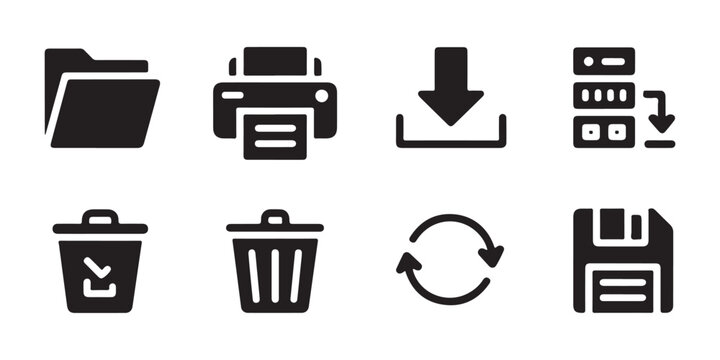 Icon set containing folders printer download and data management symbols for computer software interfaces.