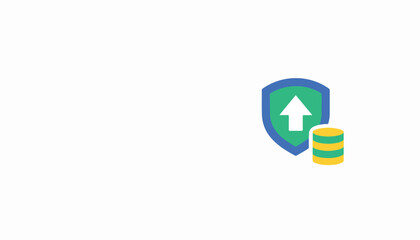 Fototapeta premium Shield with upward arrow and stack of coins icon representing secure data upload, financial protection, and digital asset growth for online security.
