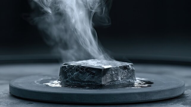 A dark, cubic solid slowly melting, emitting wisps of white vapor