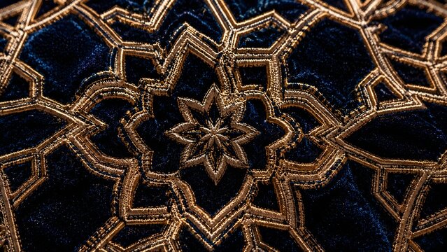 Luxury gold geometric embroidery on navy blue velvet fabric texture