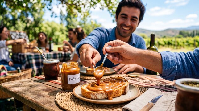 Man spreading dulce de leche on bread at outdoors picnic in Argentina. Friends gathering during National Day celebration. Authentic cultural culinary experience and social event