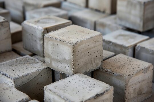 Close up of stacked concrete blocks, highlighting their cubic shape and rough texture, ideal for construction and building projects