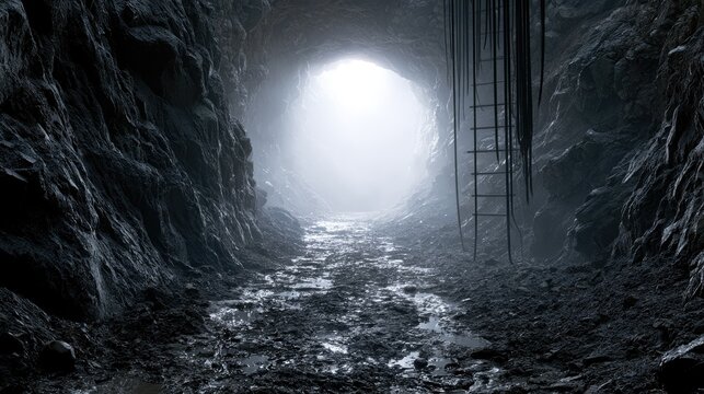 Light appears at end of dark, muddy, rocky tunnel with hanging ropes