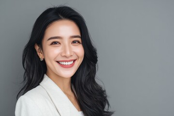 Fototapeta premium Elegant Asian executive woman smiling in professional studio portrait wearing a light blazer against clean neutral background suitable for corporate branding.
