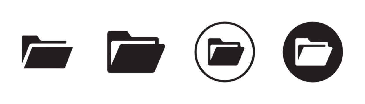 Set of minimalist folder icons including plain folders and circular designs for digital file management systems.