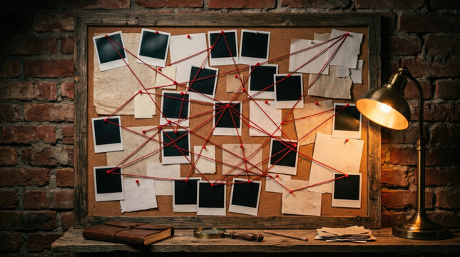 Conspiracy theory board with complex red string web over black photos on rustic brick wall.