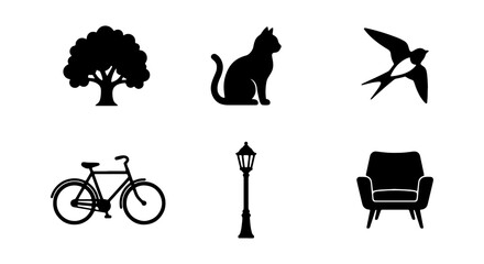 Silhouette Icons: Tree, Cat, Birds, Bicycle, Lamp Post, Armchair Set © Mizanur