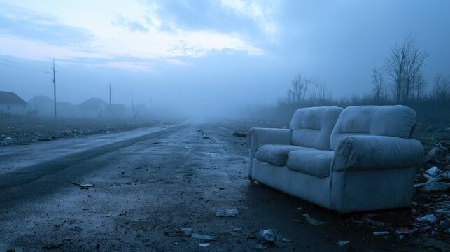 Foggy desolate road with abandoned couch and debris