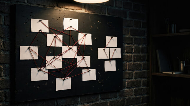 Dark investigation board with photos and red string forming a complex web of connections.
