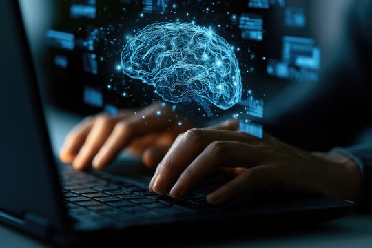 Glowing digital brain projected above hands typing on a laptop