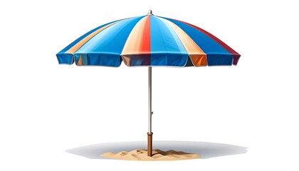 Fototapeta premium Colorful beach umbrella in sand, casting shadow, isolated against white background