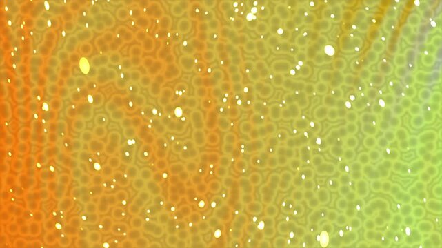 Abstract microscopic cell texture background with orange and green gradient and glowing particles.