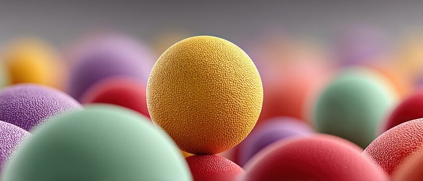A vibrant composition featuring a textured yellow egg standing out amidst a cluster of colorful eggs
