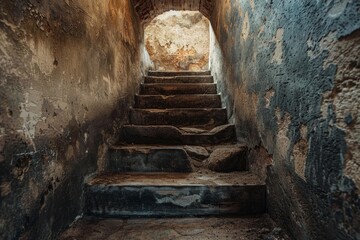 Fototapeta premium Worn stone steps ascend towards a distant light in a decaying passage, evoking mystery and adventure