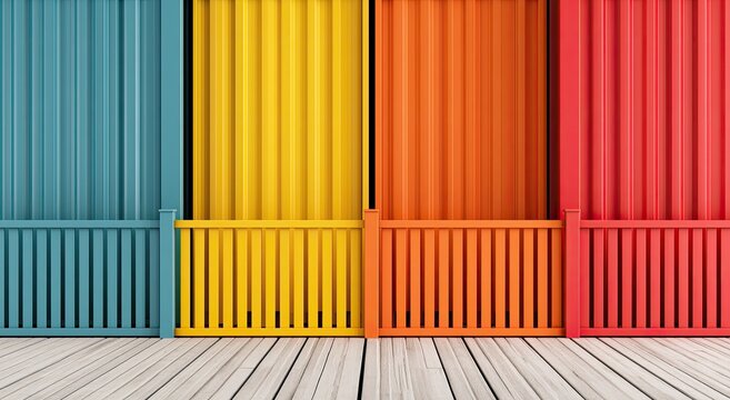 Four colorful corrugated metal walls with matching fences on wooden floor