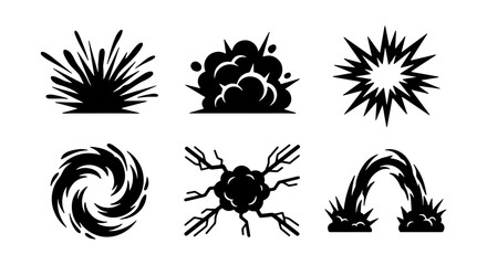 Explosion and Energy Burst Vector Icons, Dynamic Impact Graphics, Abstract Power Effects, Comic Style Action Symbols, Set of 6 Black Silhouettes © Zannatul
