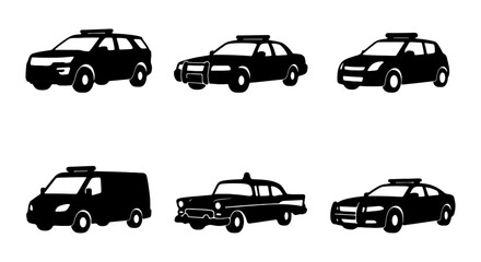 Police Car Icons Set, Law Enforcement Vehicle Silhouettes, Emergency Service Transport Vector Graphics, Black and White Collection © Zannatul