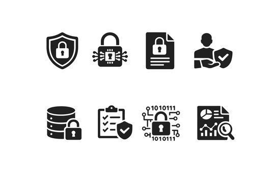 Data Privacy Icons. Data Privacy and GDPR. Filled icon set of Data Privacy and GDPR: privacy shield, data lock