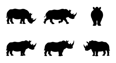 Rhino Silhouette Collection, Six Vector Icons, Wildlife Animal Graphics, African Safari Mammal Illustrations, Black and White Wildlife Art © Zannatul