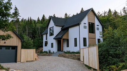 Obraz premium Modern white house with wood accents, garage, and forested surroundings