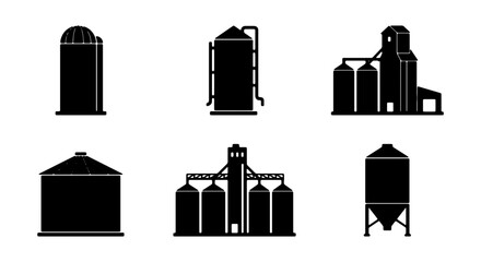 Industrial Silo Icons, Grain Storage Tanks, Agricultural Building Silos, Farm Equipment Vector Set © Zannatul