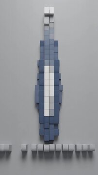 Stop motion animation of blue and white blocks assembling into a geometric pattern on a grey background.