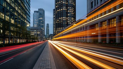Fototapeta premium City street at dusk with light trails from moving vehicles and illuminated skyscrapers