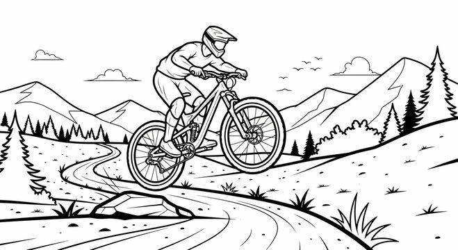 Mountain biker riding downhill on a winding trail with mountains and trees