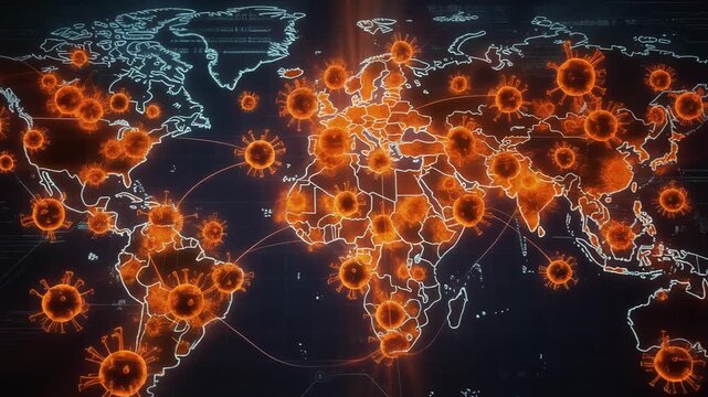 Digital world map showing rapid spread of glowing virus outbreaks across continents in a futuristic style