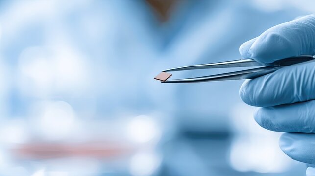 Scientist in sterile gloves holds tiny chip with tweezers, close-up