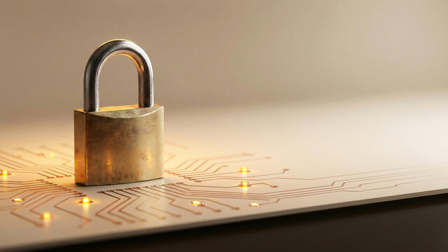 Glowing Golden Brass Padlock on Luminous Circuit Board Symbolizing Cyber Security and Data Safety Perfect for Technology Advertising Cybersecurity Presentation and Digital Network Website Background