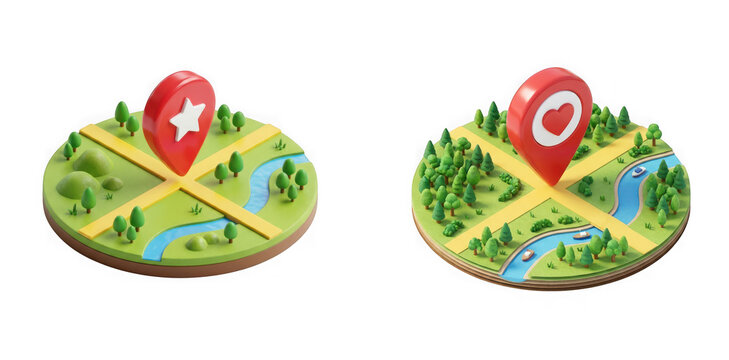 Isometric landscape maps with destination location markers isolated on transparent background