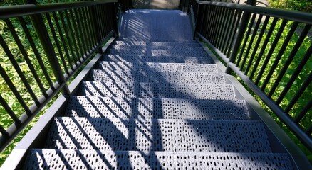 Fototapeta premium Metal stairs descend through dappled sunlight and surrounding green foliage