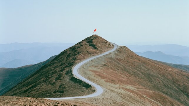 Winding road ascends to a summit marked by a solitary red flag