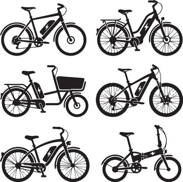 Electric bicycle icon set, E-bike vector illustration, Electric bike symbol with lightning bolt, Green energy transport icons, Eco-friendly urban mobility, Sustainable commuting graphic, Minimalist 