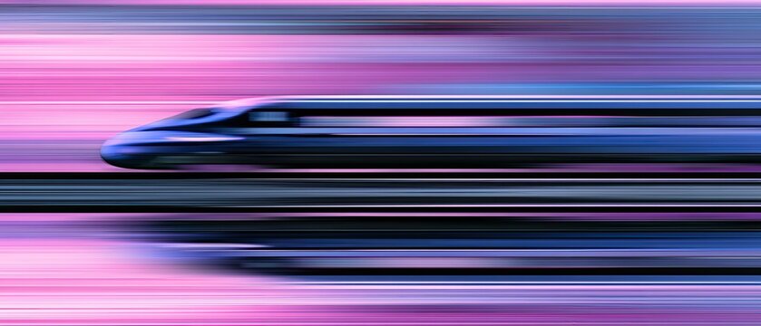 A sleek blue train speeds through a blur of pink and purple streaks