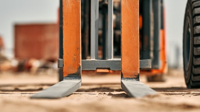 Close-up of orange industrial forklift tines resting on dusty ground