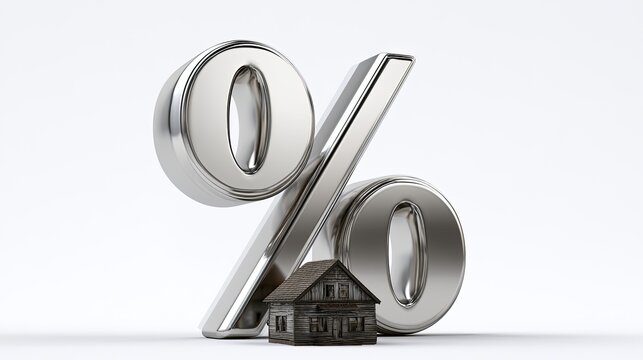 Gleaming silver percentage symbol looms over a small, weathered house