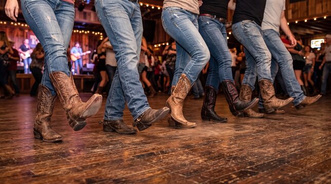 Group of woman and man dancing line dance in country bar. Dancers wearing cowboy boot and jean performing synchronized steps on wooden floor. Western music event and night life scene