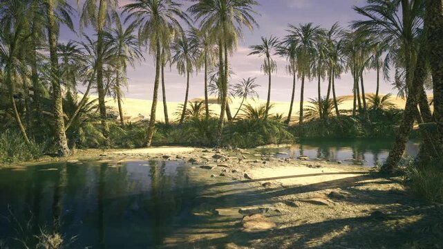 Tafilalt oasis shallow channel and calm pools hinting at traditional irrigation, palms and arid landscape meeting waterline, textures of mud and sand conveying