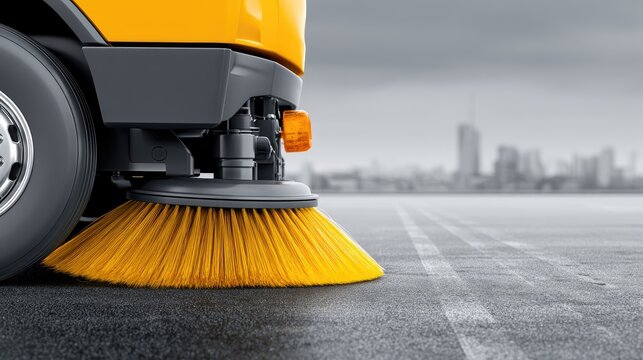 Yellow street sweeper brush cleaning a wet asphalt road with city skyline blurred