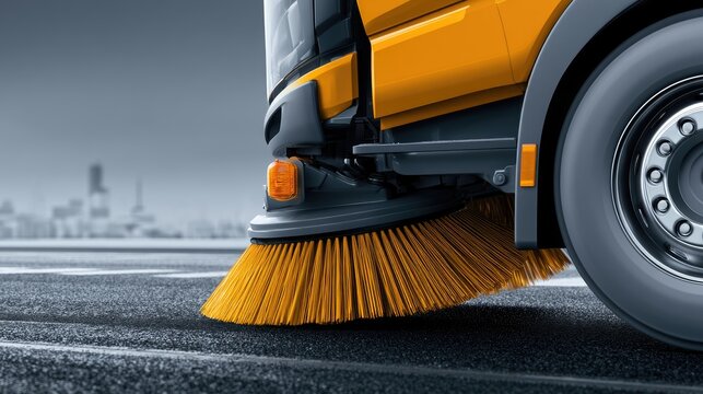Yellow street sweeper brushes vigorously clean asphalt road surface
