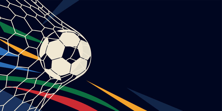 Football Championship. Soccer ball in the net, shot on goal, template with space for text. Modern vector horizontal banner with a football theme for sporting events and social media