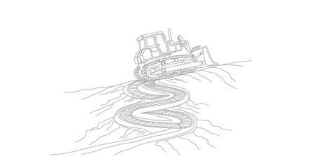 Bulldozer on winding railroad tracks on rough terrain, line art illustration © Wachidatun