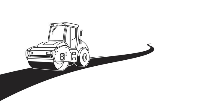 Road Roller Compacting Asphalt on a Winding Path - Line Art