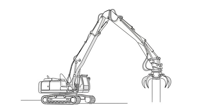 Excavator with grapple attachment, construction and demolition machine line art illustration